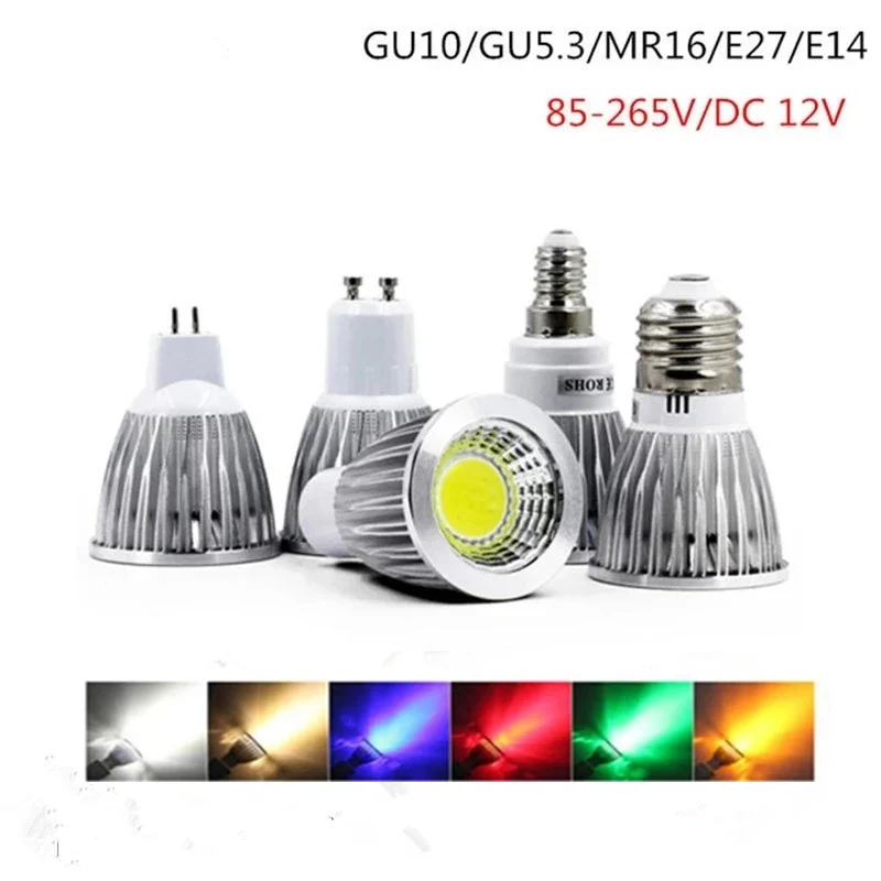 LED Light 6W 9W 12W COB GU5.3 GU10 E27 E14 MR16Dimming Spotlight Lamp High Power Bulb Red Green Blue Yellow AC110V/220V AC/DC12V
