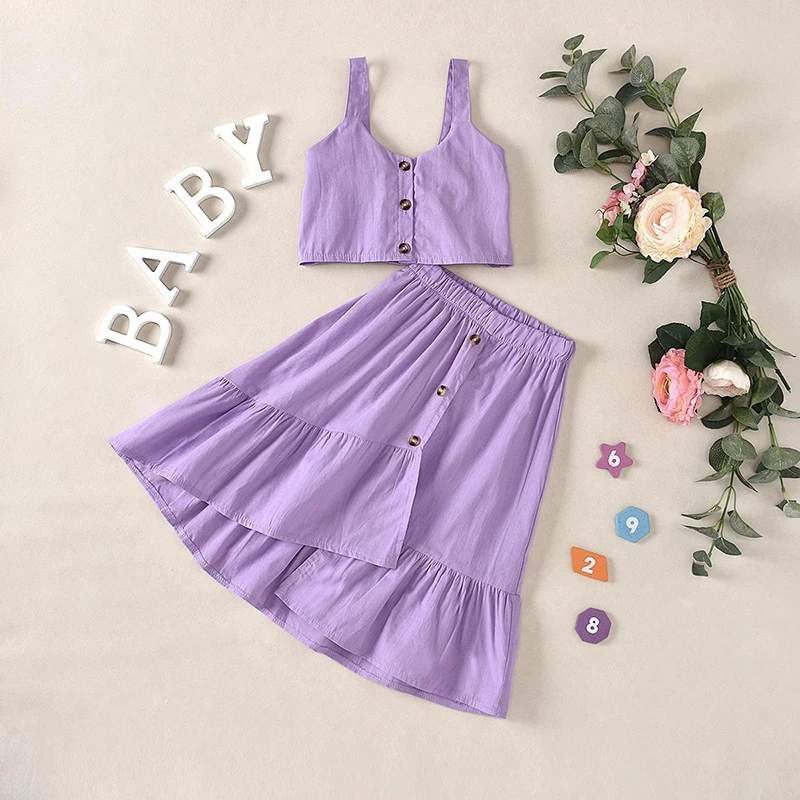 Keelorn Girls Clothes Sets 2021 Summer Baby Girl Suit Solid Top And Long Skirt 2Pcs Outfit Children Elegant Clothing 1-5Y