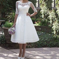 myyble vestido de noiva new fashion sheer scoop half sleeve knee length short wedding dress cheap lace appliques bridal gown