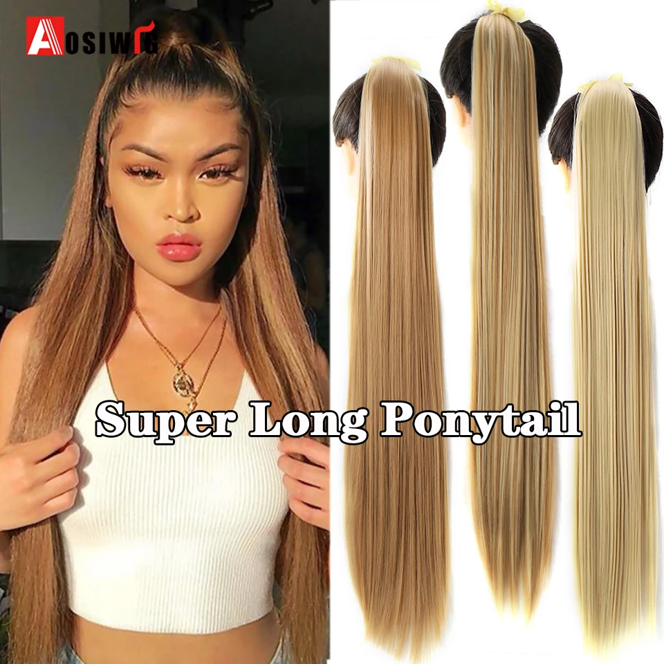 AOSIWIG Long Straight High Temperature Synthetic Drawstring Ponytail Clip in Pony Tail Extension Hairpiece Frosted Wig for Women | Шиньоны и