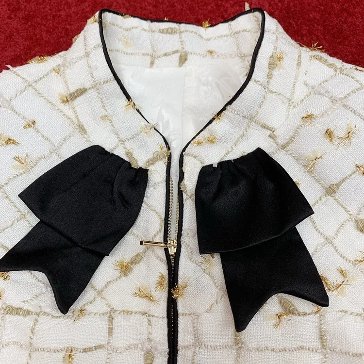 Золотая нить тканая 2020 твидовый воротник стойка бант тонкая куртка элегантная