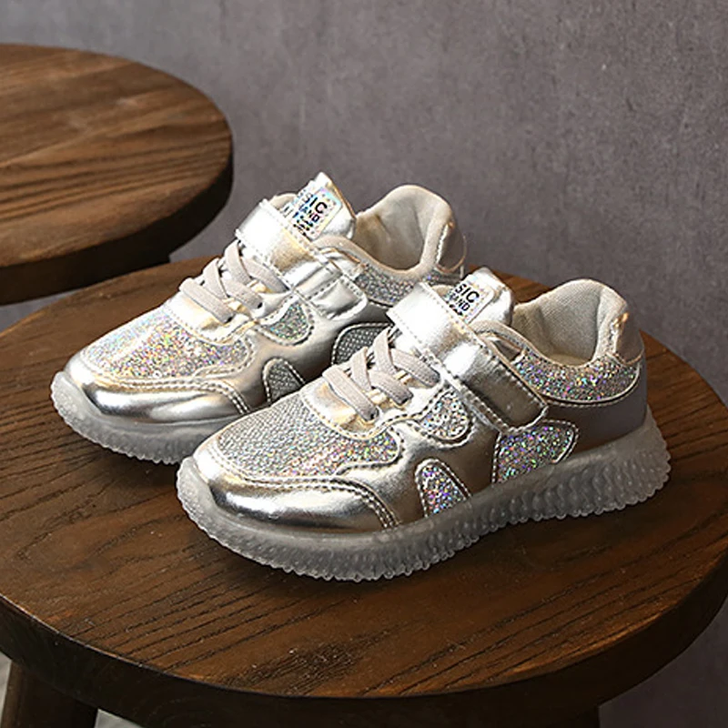 Детская спортивная обувь для девочек блестящие кроссовки мальчиков золотого и