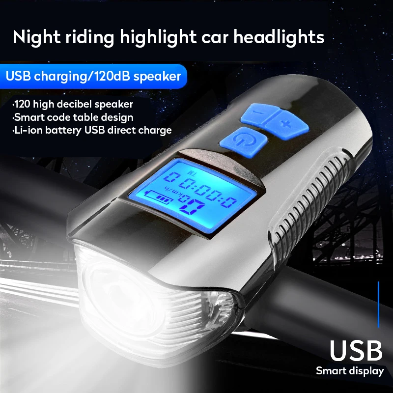 Waterproof Bicycle Light USB Charging Bike Front Flashlight Handlebar Cycling Head w/ Horn Speed Meter LCD Screen | Спорт и