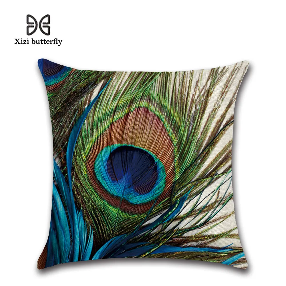 Декоративный Чехол-Подушка с павлиньими перьями и животными льняной