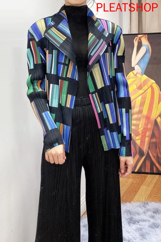 

Miyake Pleated 2020 Spring New Style Geometry Mixed Colors Printed Large Size Slimming Long-sleeved Cardigan Coat