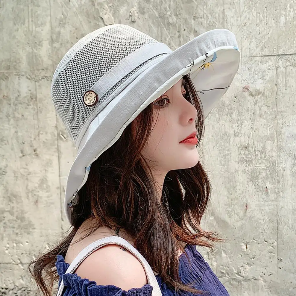 

Small Fresh Literary Fisherman Hat Sun Hat Women Floral Interior Button Decor Wide Brim Sun Hat Outdoor Sports Bucket Cap