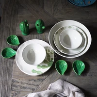 ceramic plate cactus theme dishes dinner plate household service tableware set bowl cup cactus seasoning cans