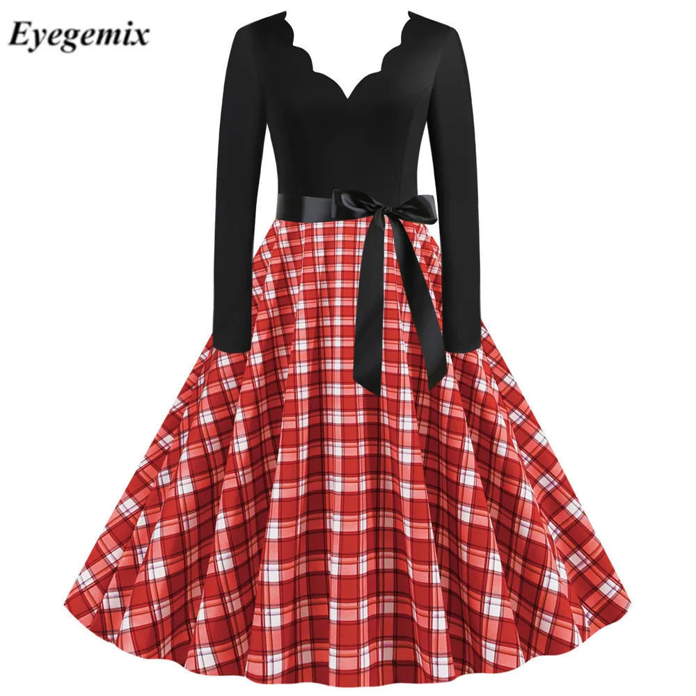 Женское винтажное платье в горошек с V-образным вырезом и длинным рукавом |