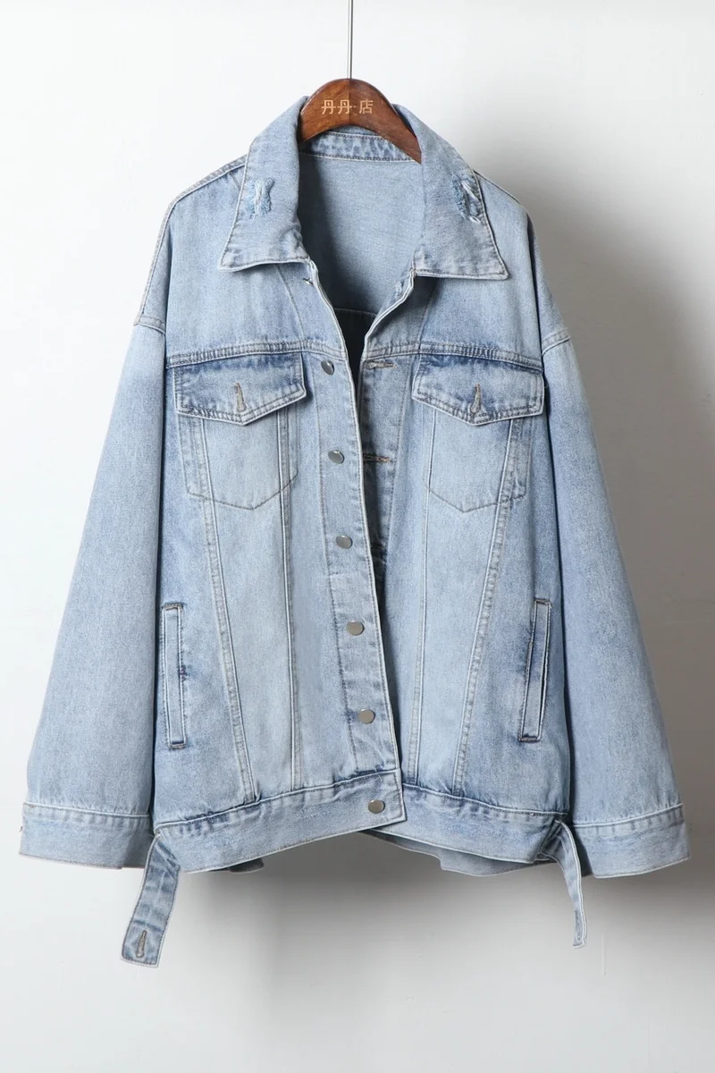 

IEQJ 2021 new spring fashion women clothes turn-down collar full sleeves single breasted light blue denim jacket WP55105L