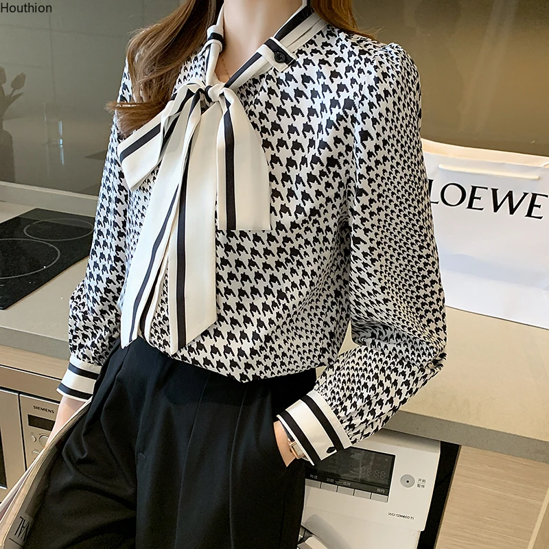 

Chiffon Loose Women's Shirts New Fashion Blouses Casual Long Sleeve Blusas Houndstooth Buttons Bow Tie Shirts Autumn Houthion