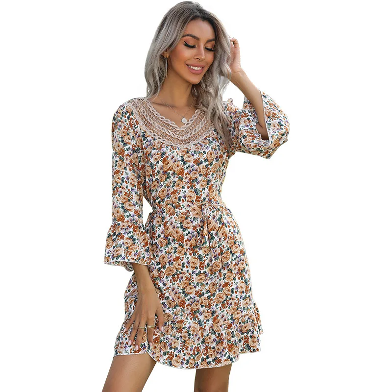 

2021 Autumn Trumpet Long-sleeved Floral V-neck Stitching Lace Short Dress Women