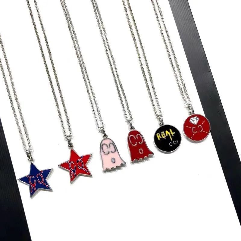 

S925 Letter G Enamel Pink Red Black Blue Necklace Fashion Five Pointed Star Ghost Face Round Skull Clavicle Chain Christmas Gift