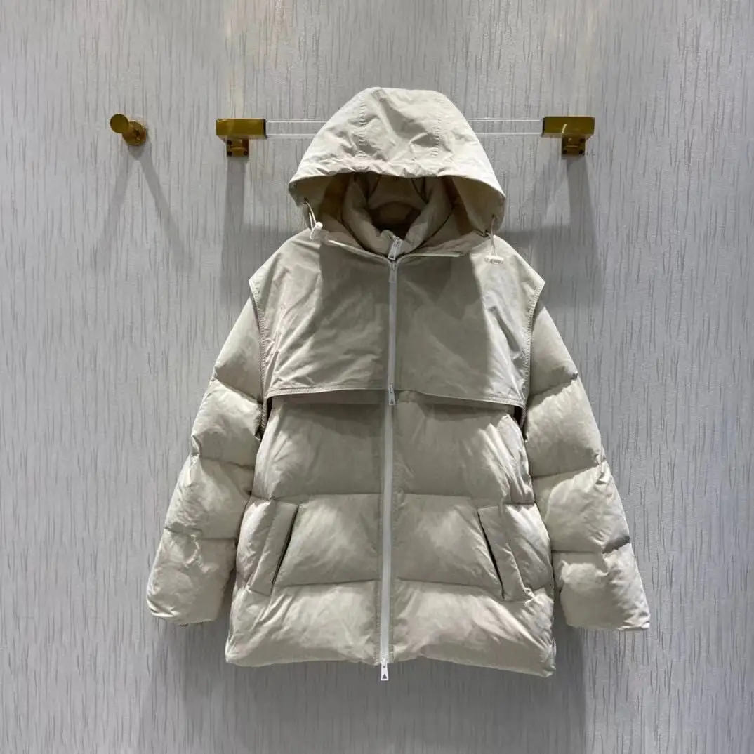 

Runway Designer 2021 Autumn Warm White Goose Down Jacket Outerwear Women's Solid Hooded Casual Bread Jacket