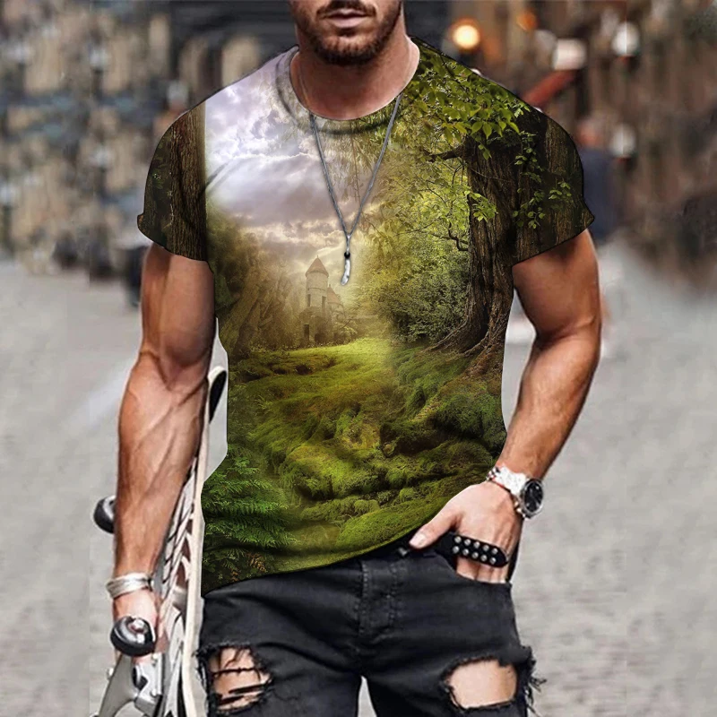 

Men's Gothic Style T-shirt Dream forest Fit short sleeves O-neck T-shirt Clear 3D pattern Original design Men's Clothing XXS-6XL