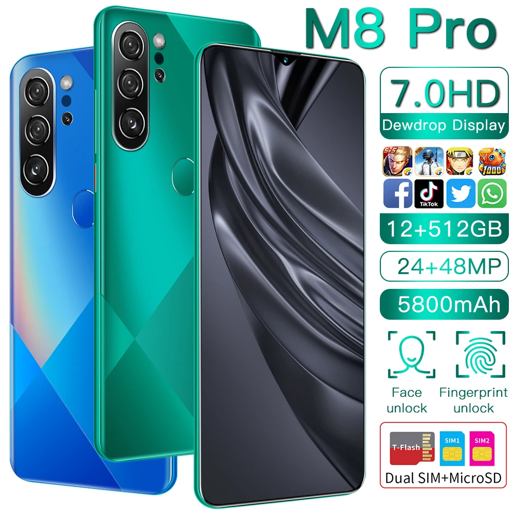 

M8 Pro Universal 5G Smartphones Android 10.0 12GB+512GB MTK-6899 7.0inch 24MP 4GBRAM 64GB ROM NFC 5G LTE Mobile Phone
