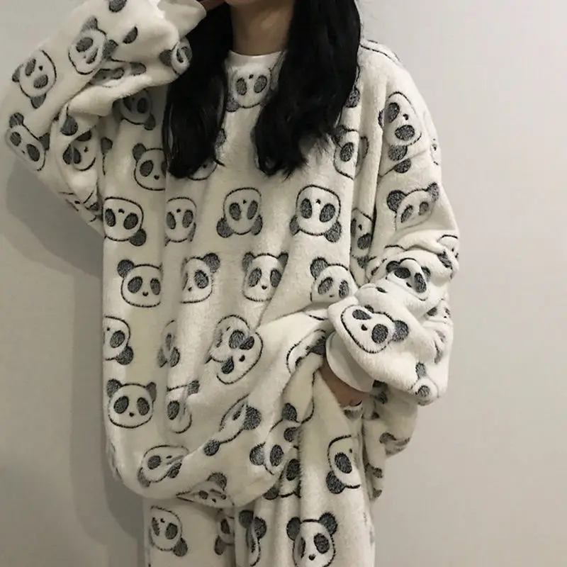 

2021 Winter Pajamas Women Thick Flannel Warm Female Pajama Set Long Sleeve Full Trousers Two Piece Pajamas Cartoon Pint Homewear
