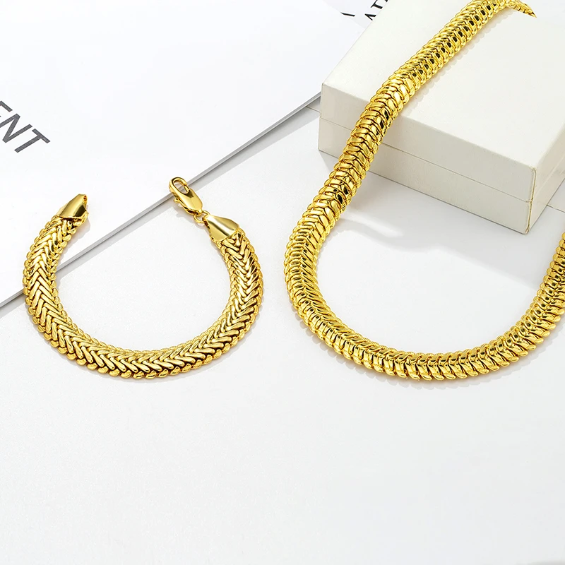 

Fashion Jewelry Sets For Women Men 24K Gold Plated Bracelet Necklace Set Hip Hop African Trendy Golden Link Chain Accessories