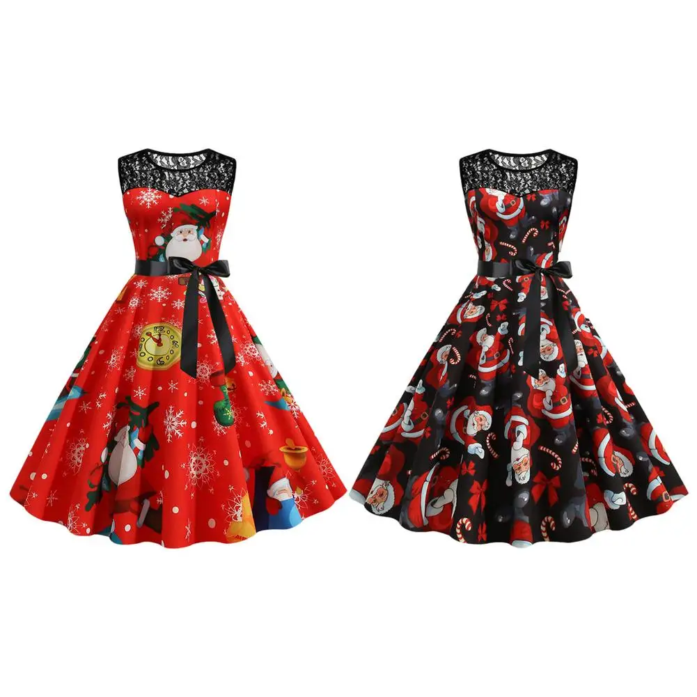 

Vintage Sleeveless Christmas Swing Dresses Christmas Daily Dresses Sleeveless Round Neck Print Cocktail Party Dress With Lace