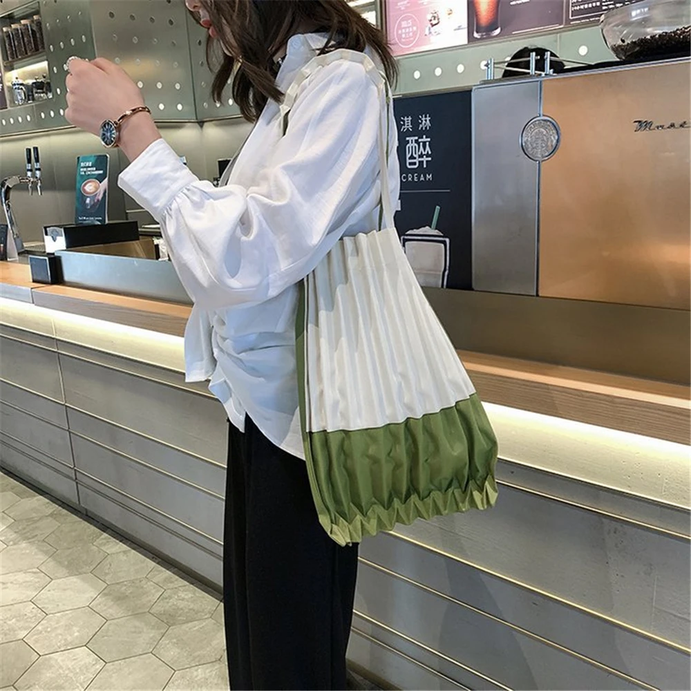 

Women Shopper Bag Hit Color Casual Tote Ruched Canvas Environmentally Simple Female Shoulder Shopping Bag Woman Handbag Bolsos