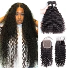 Волнипряди с застежкой Maxine, глубокие вьющиеся человеческие волосы, пучки с застежкой, 30 дюймов, 3, 4 пряди с кружевной застежкой 4x4