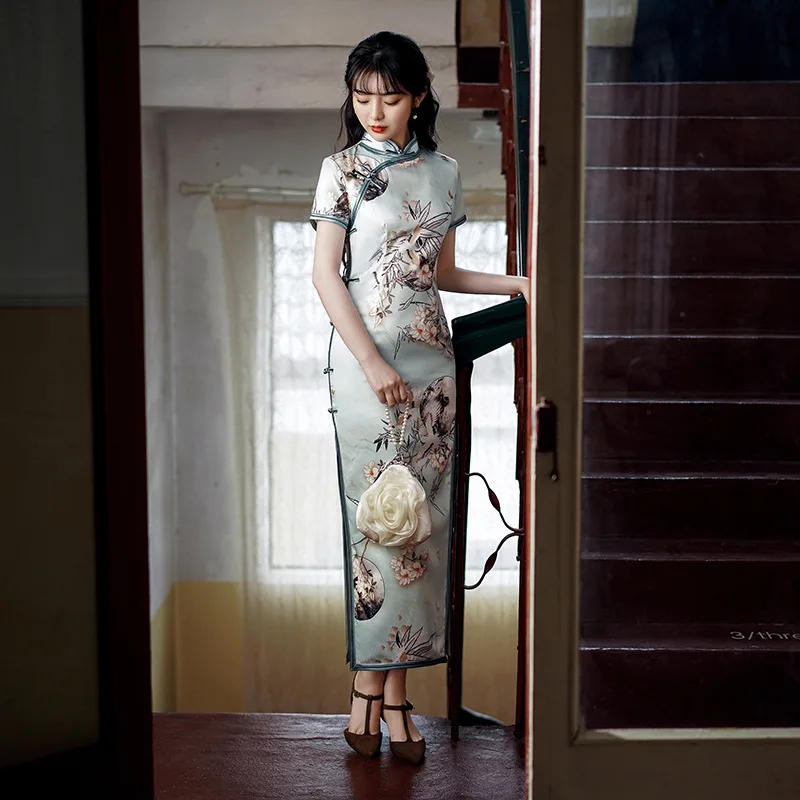 

Long Lady Satin Chinese Traditional Dress Vintage Slim Cheongsam Oversize 4XL Print Flower Qipao Mandarin Collar Vestidos Gown