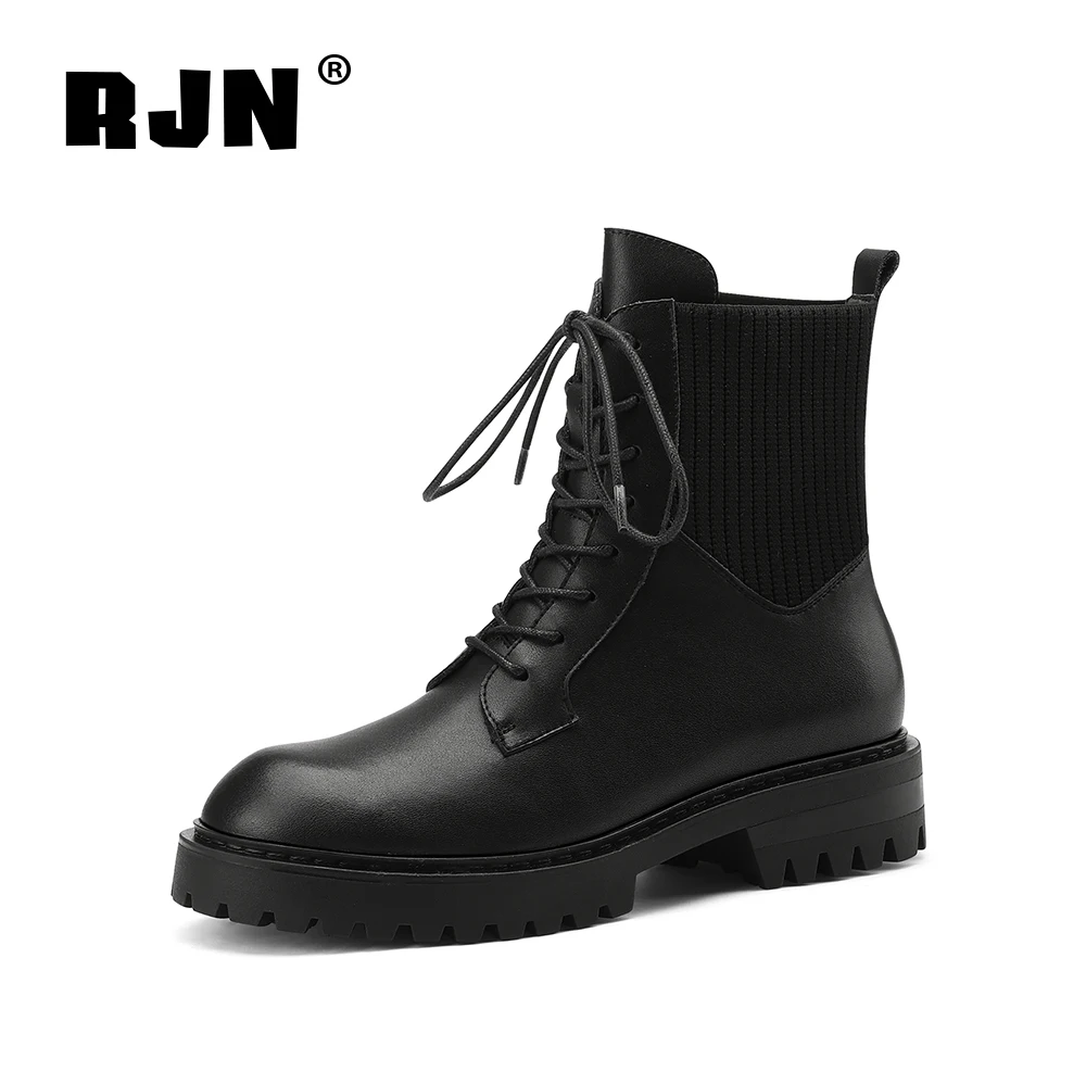 Beli RJN Nyaman Putaran Kaki Sepatu Bot Buatan Tangan Buatan Tangan Kulit Sapi Lace-Up Sepatu Wanita Modis Sepatu RO242