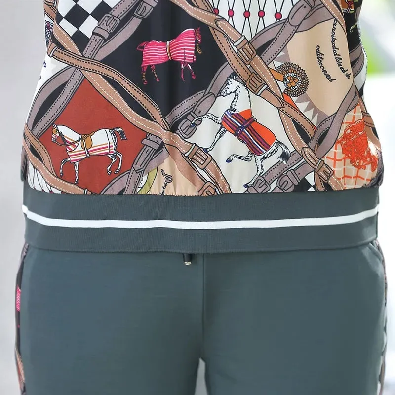 

Mom Summer two piece casual outfits Classy O-Neck top fashion Print short sleeves t shirts +Ankle-Length Pants plus size sets