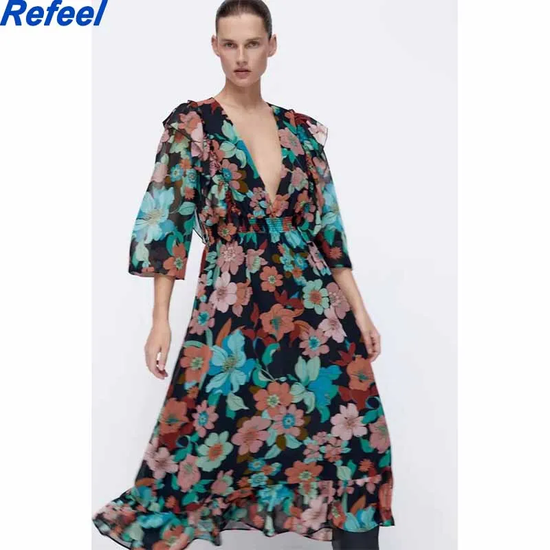 

Женское шифоновое платье-рубашка с длинным рукавом и цветочным принтом