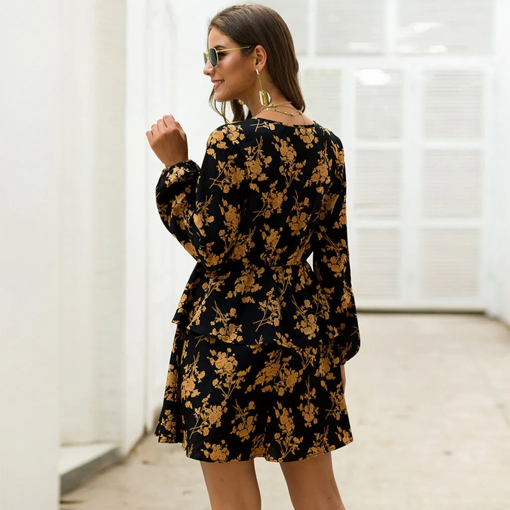 Летнее платье с длинным рукавом принтом высокой талией праздничное Повседневное