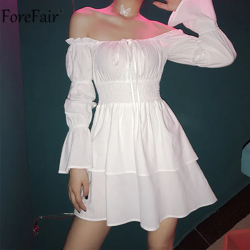 Forefair с открытыми плечами рюшами с пышными рукавами Boho Платье Белое Женское с рюшами пляжное платье без бретелек повседневное хлопковое с длинным рукавом Сарафаны