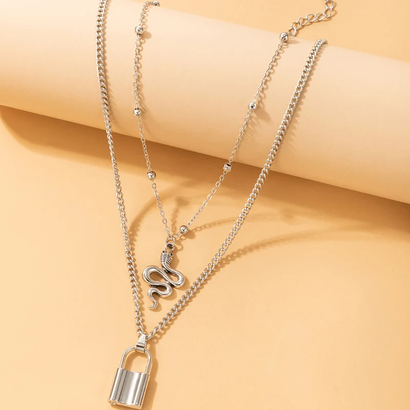 

HuaTang Fashion Snake Pendant Necklace for Women Men Double Layer Lock Chain Choker Necklace Punk Hip Hop Jewelry Wholesale
