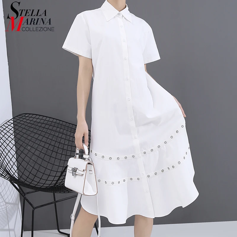 Женское Повседневное платье рубашка белое однотонное с металлическими кольцами