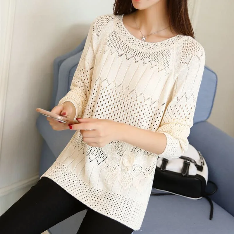 Свитер-пуловер с круглым вырезом ажурный тонкий свитер вышивкой Базовая рубашка
