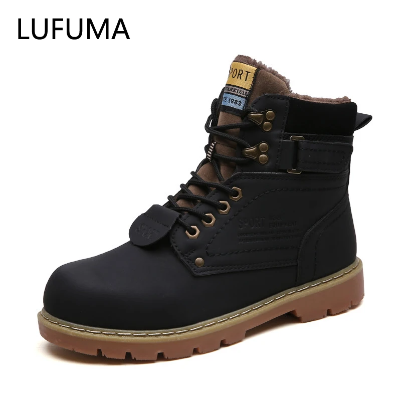 BLACK FUR LUFUMA/Теплые Зимние ботильоны мужская повседневная обувь осенние кожаные водонепроницаемые рабочие мужские ботинки на шнуровке армейские ботинки - Цвет: BLACK FUR