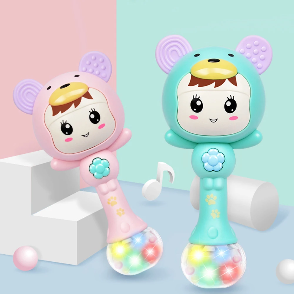 1pc LED Light Glowing Hand Rattle Music Sand Hammer Baby Handle Safty Soft Teether Chewing Development Baby Toy