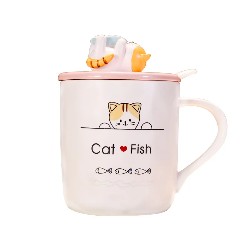 Керамические кофейные кружки с ложкой и изображением милого мультяшного кота