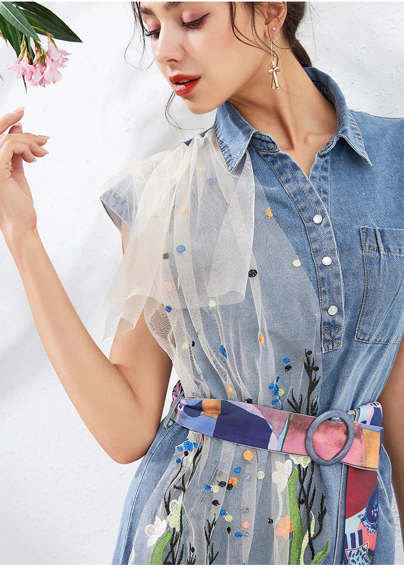 

Women's Runway Dresses Turn Down Collar Short Sleeves Ruffles Embroidery Patchwork Fashion Asymmetrical Denim Dress Vestidos