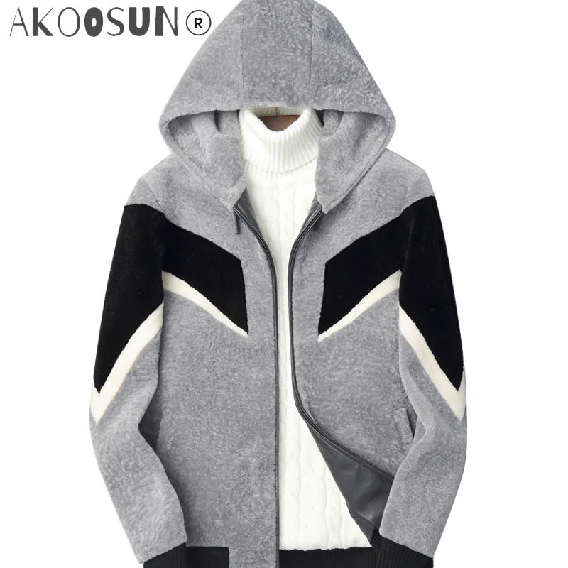 

AKOOSUN Real Fur Coat Men Sheep Shearling Autumn Winter Wool Coat Men's Jackets Short Hooded Leather Jacket Man Clothes KJ823