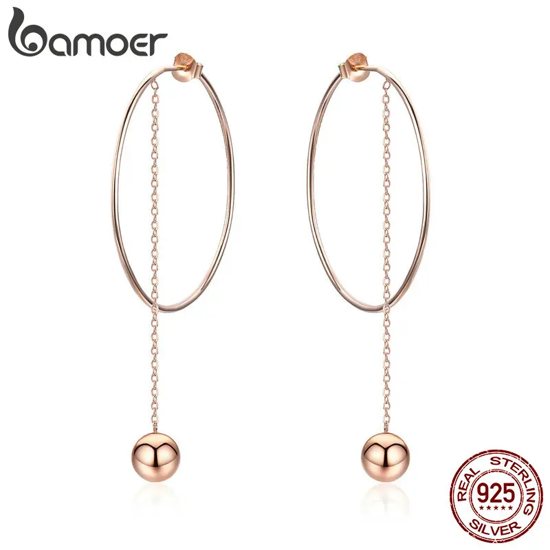 BAMOER, популярные,, 925 пробы, серебряные, большие, круглые, длинная цепочка, висячие серьги для женщин, рок стиль, серьги, ювелирное изделие, SCE569