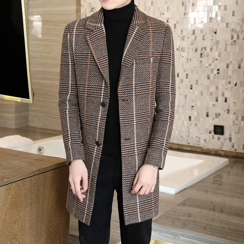 

Мужской осенне-зимний длинный приталенный шерстяной Тренч Мужская мода деловой Повседневный клетчатый костюм с воротником шерстяное паль...
