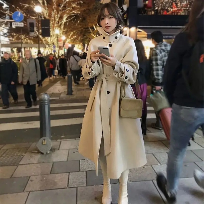 

2020 winter women's fashion Hepburn stype long over-the-knee woolen coats female Outerwear Coat Sigle Breasted Overcoat