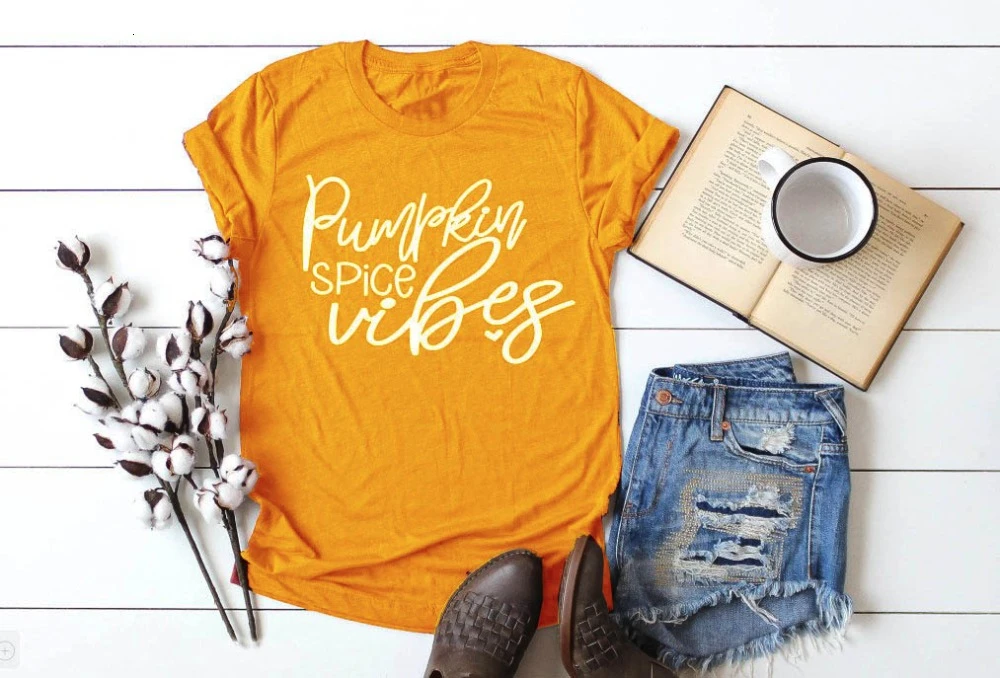 

Pumpkin Spice vibe Shirt t-shirt yellow Halloween casual slogan women shirt aesthetic harajuku family gift cute tee tops- K286