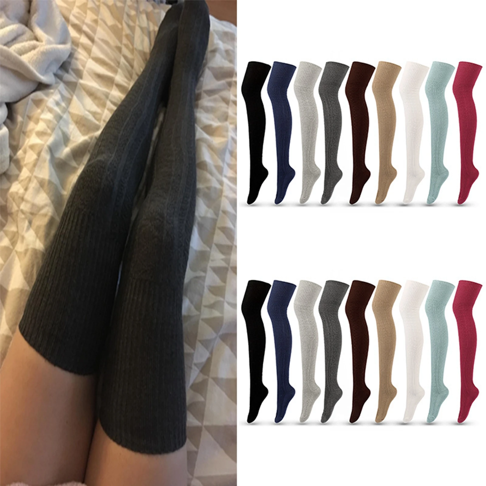 

Solid Color Striped Long Stocking Women Warm Cotton Over The Knee Socks Sexy Thigh High Stockings Autumn Winter New 1 Pair