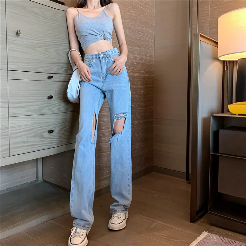 

Интернет штаны как у знаменитостей корейско-Стиль, дизайн Рваные джинсы Для женщин Высокая талия прямые свободные для похудения и