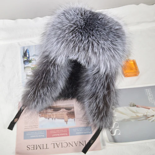 sliver fox fur Мужская Уличная зимняя шапка из натурального Лисьего меха, шапки-бомберы, теплая мягкая качественная шапка из натурального меха енота, роскошная шапка из натуральной овечьей кожи - Цвет: sliver fox fur