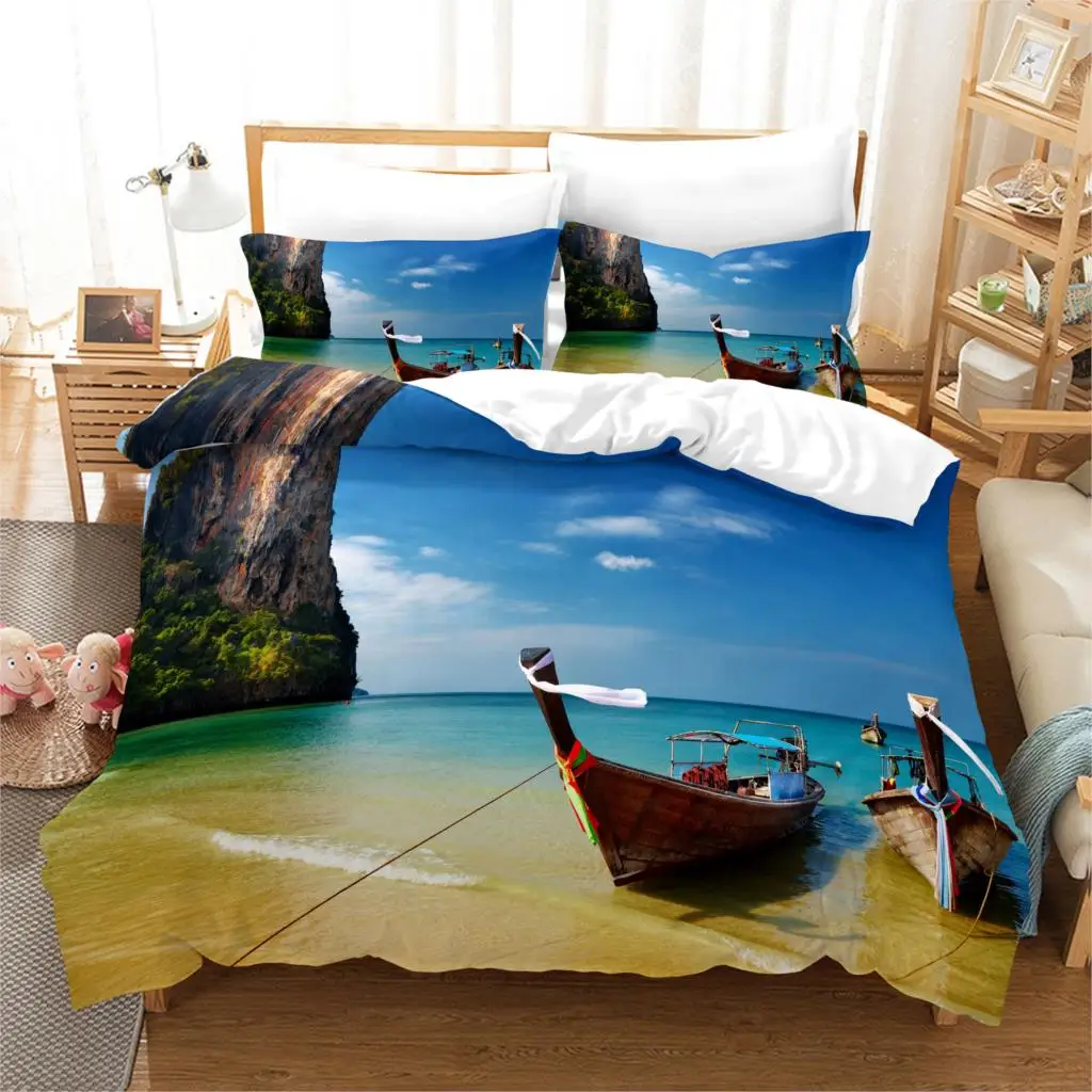 

3D Print Beach Scenery Bedding Set King Size Duvet Cover Set Pillowcase Home Textiles Luxury Bedclothes Blue Bed Sets For Summer