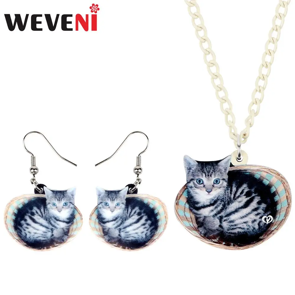 Набор ювелирных украшений WEVENI ожерелье и серьги с милым котенком из акрила в