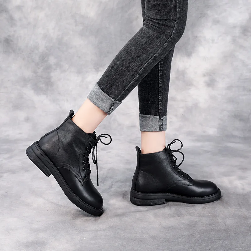 

Genuine Leather Martin Boots for Women Brand New 2022 Spring Winter British Women's Ankle Shoes Lace Up Booties