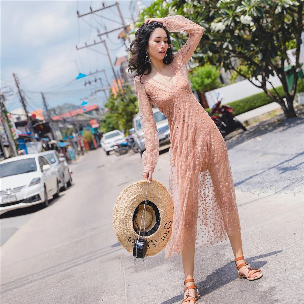 

Beach Style Dresses V Neck Mesh Star Embroidery Lace Sequined Evening Gowns Ruffles Formal Occasion Dress Backless Pink Dresses