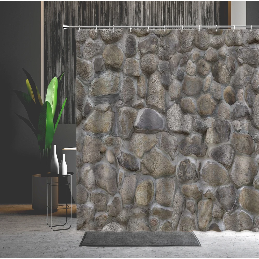 

Shower Curtain Set Creativity Stone Wall Cobblestone Pattern Waterproof Hanging Curtain Bathroom Partition With Hooks